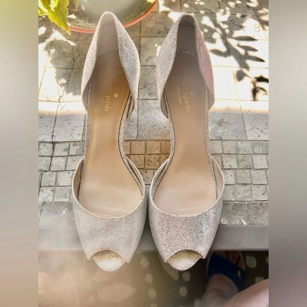 Kate Spade elegant peep toe pumps silver sparkly sz 10 euc,1A